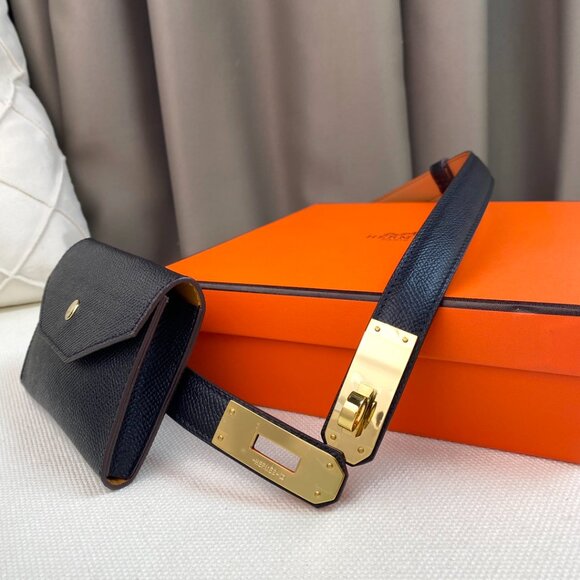 HERMES NOIR BLACK KELLY BELT GOLD BUCKLE NEW